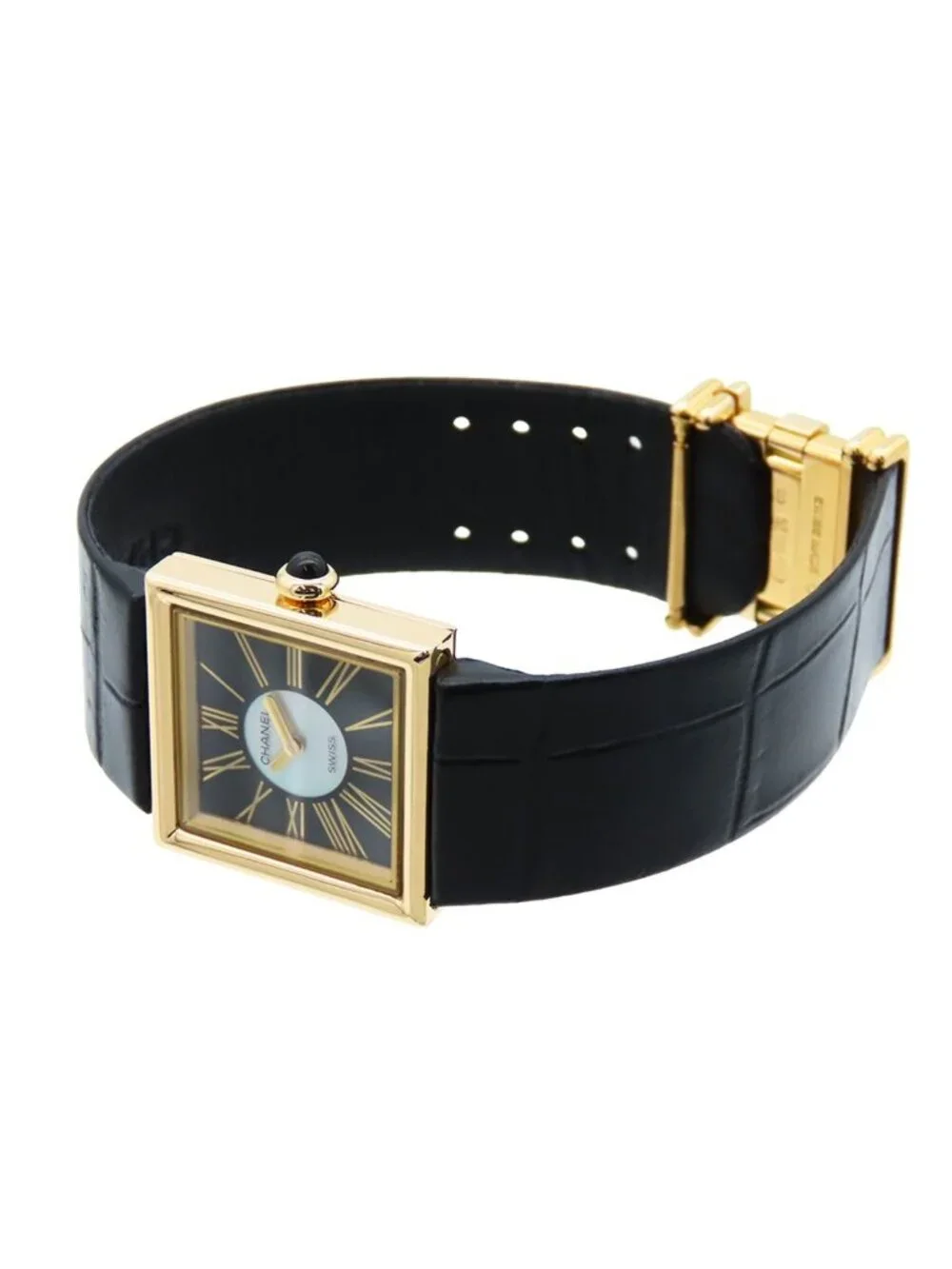 Chanel Mademoiselle Black 18K Yellow Gold Leather Shell Dial Watch Quartz